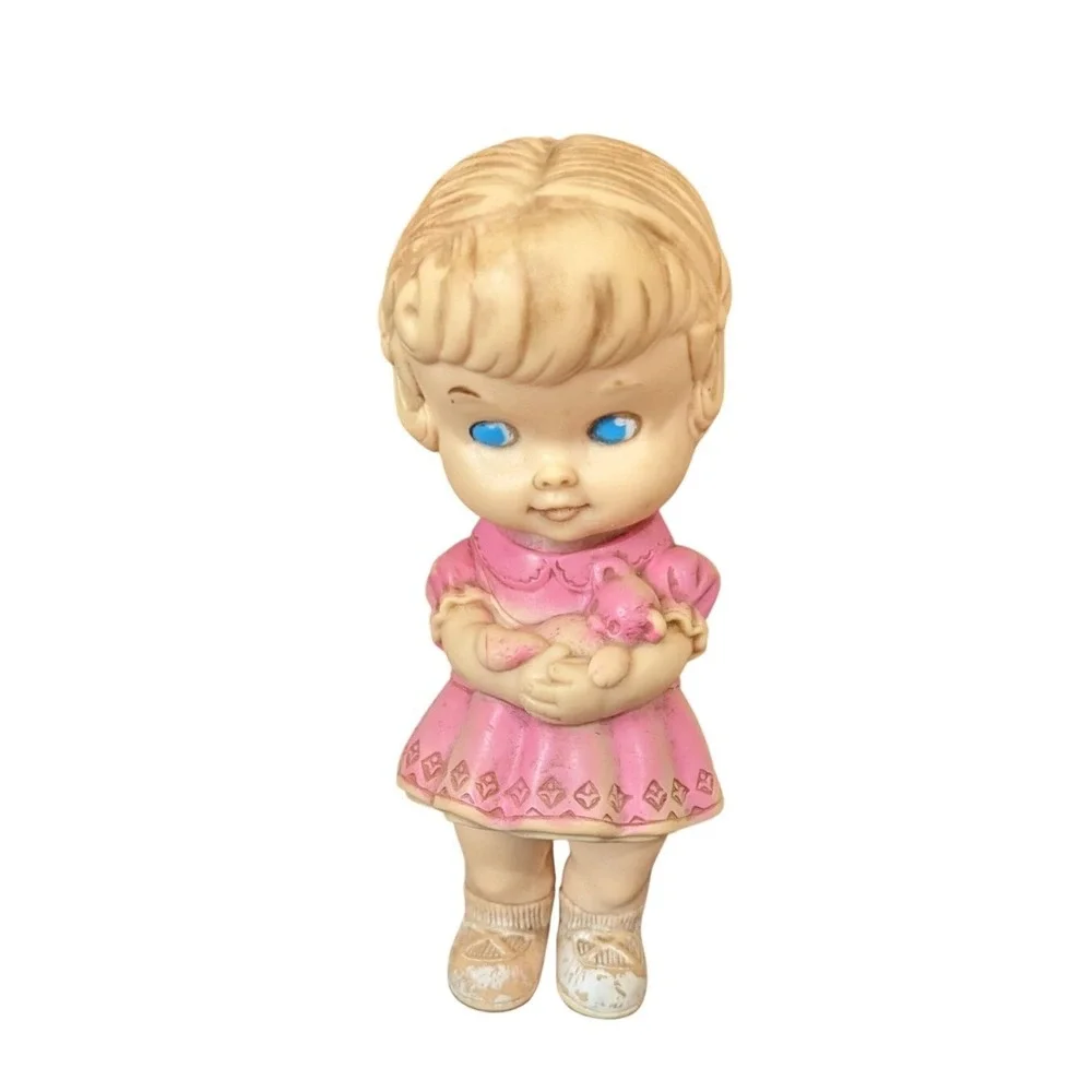 Vintage Edward Mobley Co Rubber Doll Girl Pink Dress Teddy Bear 1960s Squeak Toy